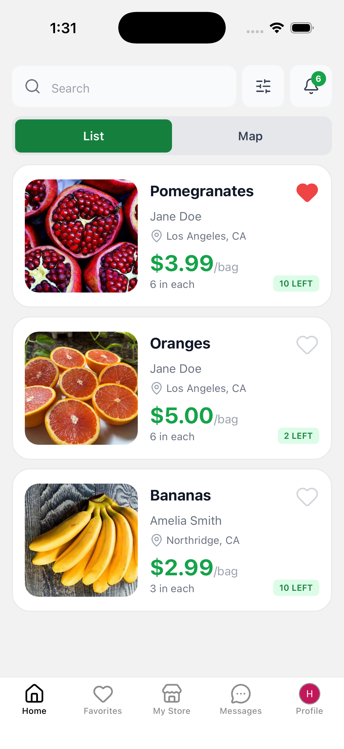 PickFresh app showing local produce listings